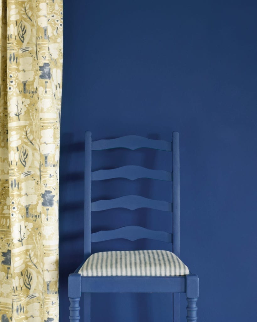 Napoleonic Blue Wall Paint by Annie Sloan, chair painted with Chalk Paint® in Napoleonic Blue, Dulcet in Versailles curtain and seat cushion in Ticking in Old Violet