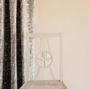 Old Ochre Wall Paint by Annie Sloan, chair painted with Chalk Paint® in Old Ochre and Tacit in French Linen curtain