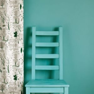 Provence Wall Paint by Annie Sloan, chair painted with Chalk Paint® in Provence and Dulcet in Old White curtain
