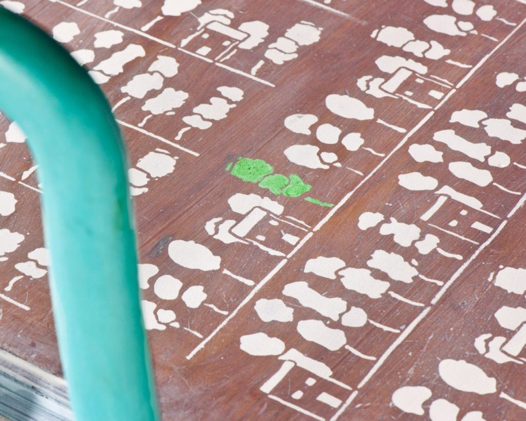 Dining Wooden table stencilled with Trees Stencil by Annie Sloan and Chalk Paint in Old White