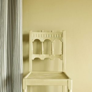 Versailles Wall Paint by Annie Sloan, chair painted with Chalk Paint® in Versailles, Ticking in Olive curtain