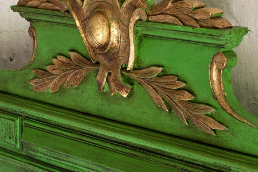 Vintage French bedhead painted with Chalk Paint® by Annie Sloan in Antibes Green and Dark Wax and Gold Leaf.