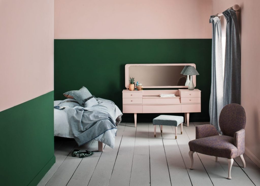 Amsterdam Green and Antoinette Colour Blocked bedroom by Annie Sloan with Chalk Paint® and Wall Paint and Linen Union fabrics