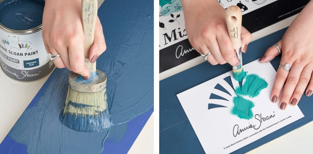 Chalk Paint® by Annie Sloan in Aubusson Blue being applied to a board and stencilled with Florence