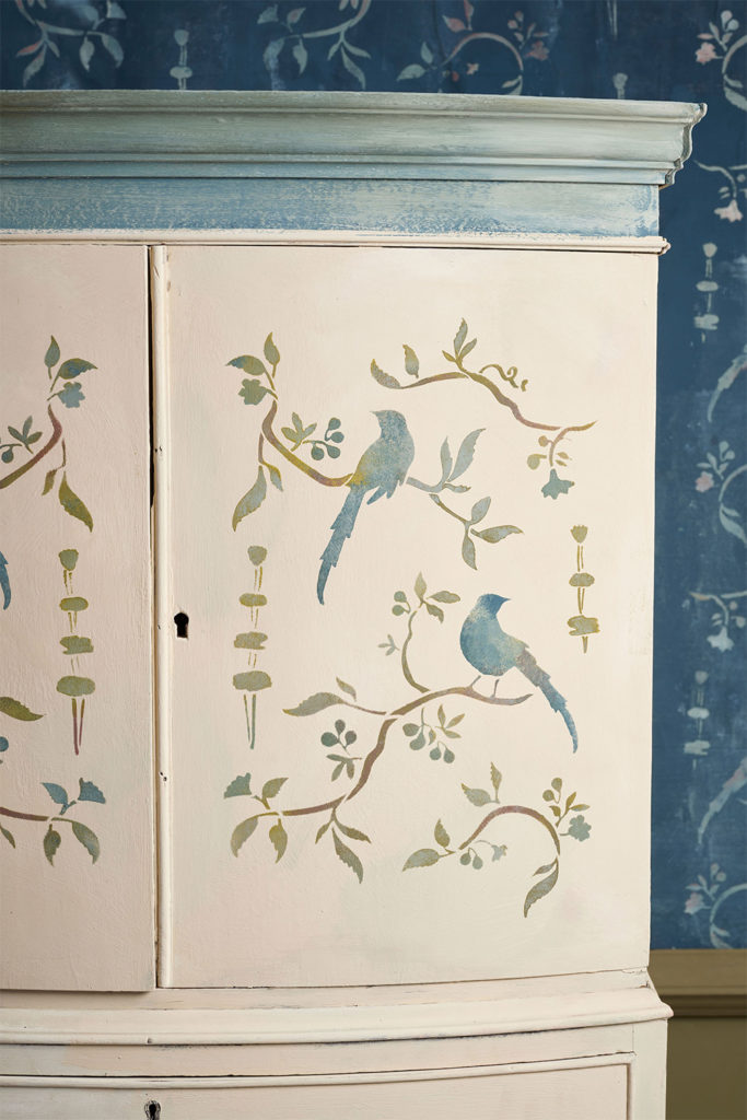 Close up of Chest painted by Annie Sloan in Chalk Paint using her Chinoiserie Birds stencil painted on a chest