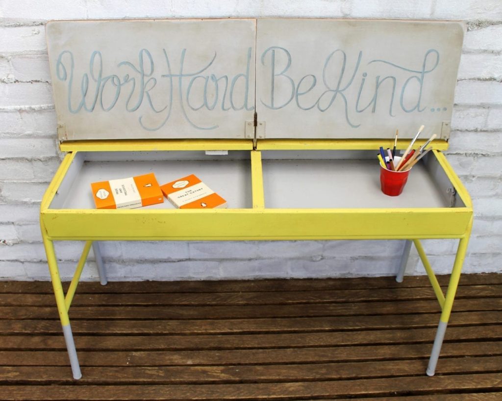 Chevron Work Hard Be Kind Desk by Annie Sloan Painter in Residence Beau Ford painted with Chalk Paint® in English Yellow