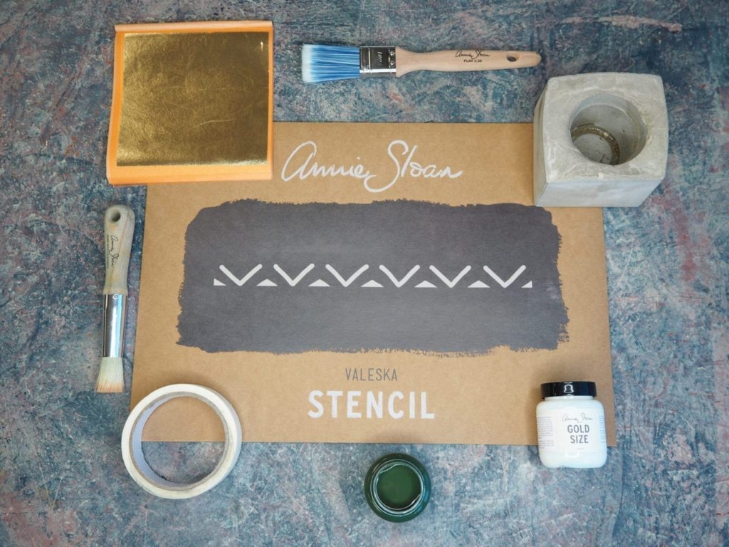 Products needed to create a Concrete Candle Holder painted with Chalk Paint® by Annie Sloan and gilded with Brass Leaf