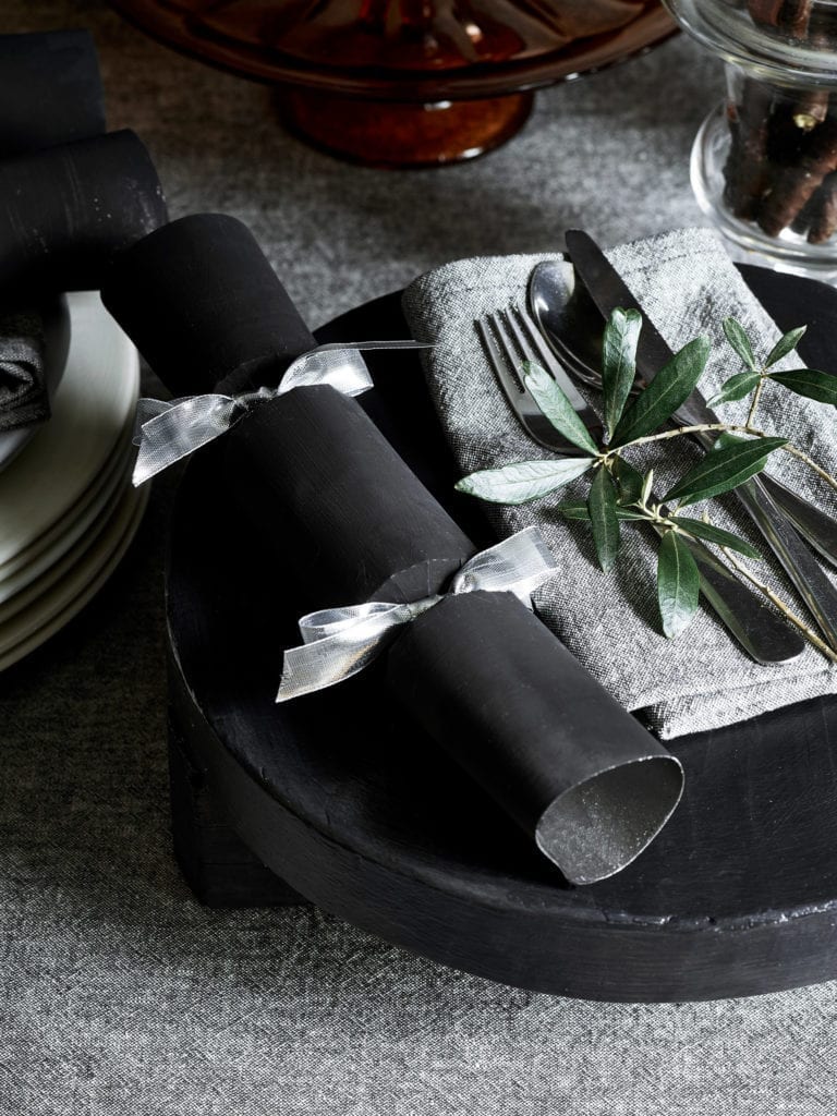 Dark Christmas Dining - Christmas cracker painted with Chalk Paint® by Annie Sloan in Athenian Black. Napkins in Linen Union in Graphite + Old White