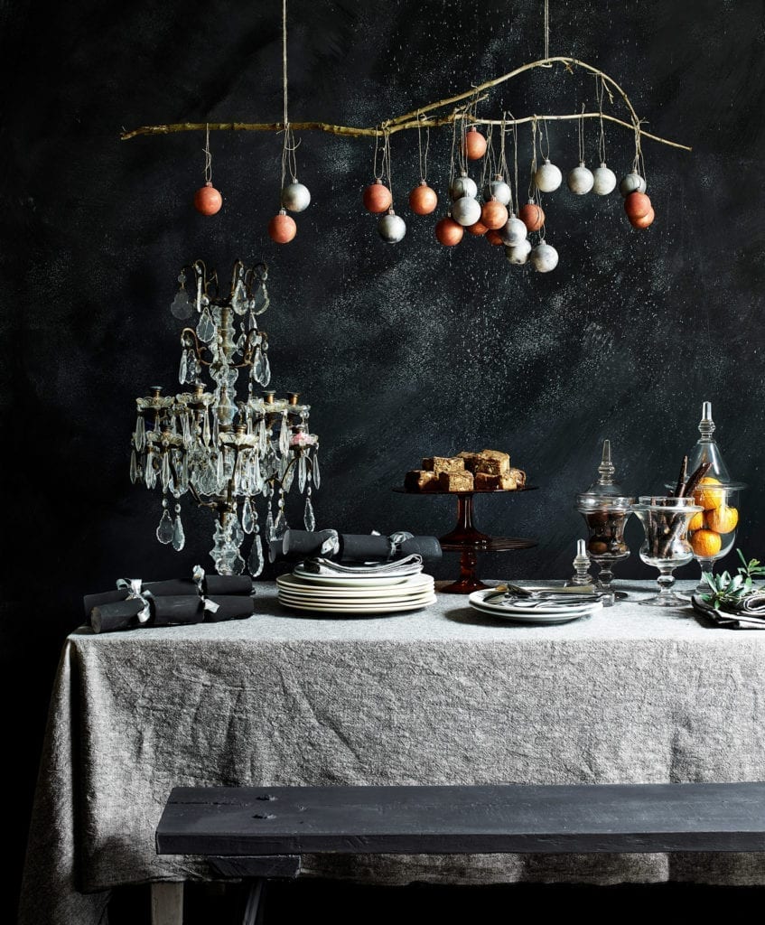 Dark Christmas Dining room painted by Annie Sloan in Chalk Paint® in Athenian Black, with fabric and rusty rustic baubles