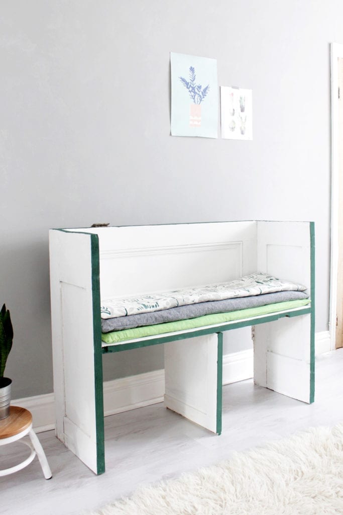 Door DIY Bench by Annie Sloan Painter in Residence Hester van Overbeek painted with Chalk Paint® in Pure and Amsterdam Green
