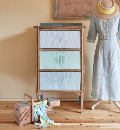 Fabric Covered Drawers by Annie Sloan Painters in Residence shed eleven dyed and painted with Chalk Paint®