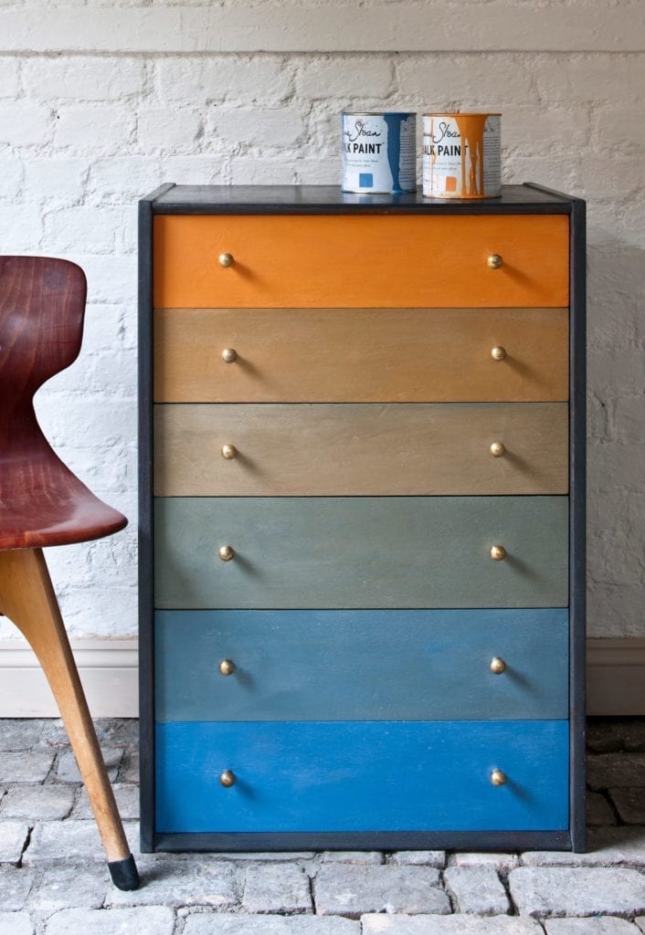 Graduated Ombre Chest of Drawers painted with Chalk Paint® by Annie Sloan in Barcelona Orange and Greek Blue