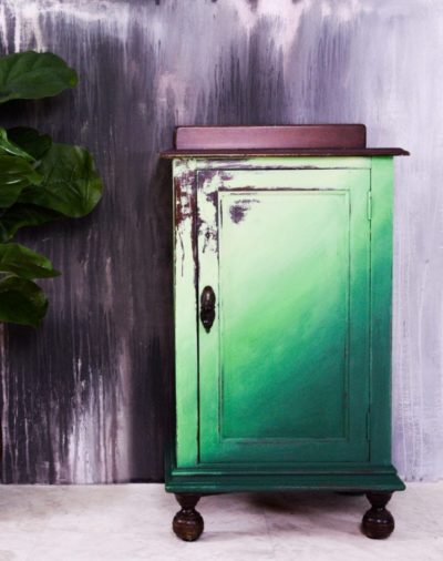 Green ombre distressed cabinet by Annie Sloan Painter in Residence Girl in Blue Designs painted with Chalk Paint® in Amsterdam Green, Antibes Green, and Lem Lem