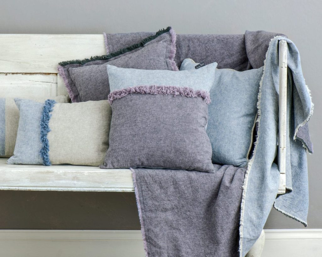 Linen Union fabric by Annie Sloan in Old White + French Linen and Old Violet + Old White and Emile + Graphite cushions and throws