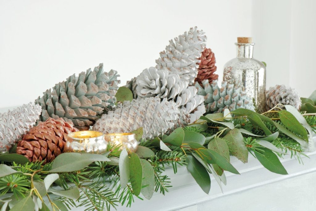 Minimal Scandinavian Forest Cabinet painted Christmas pinecones and foliage