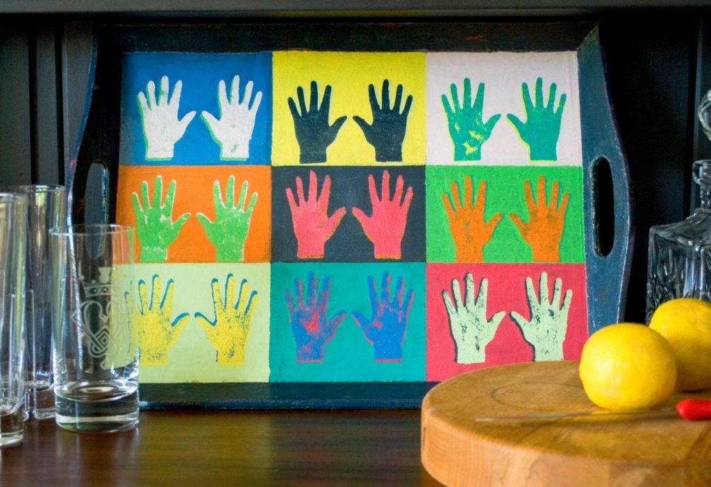 Pop Art Hands Tray by Annie Sloan Painter in Residence Jeanie Simpson painted with Chalk Paint® and the Hands Stencil