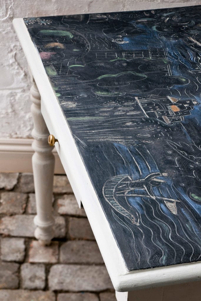 Sgraffito Table painted with Chalk Paint® by Annie Sloan in Graphite and Old White