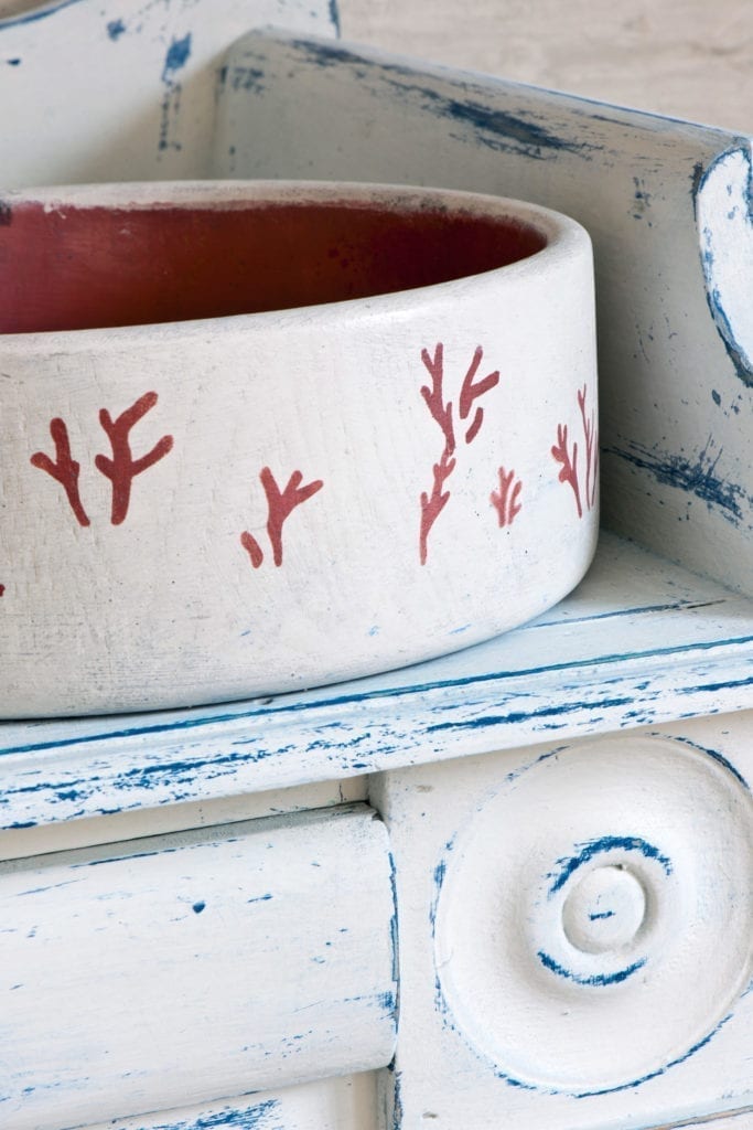Rustic Stencilled Kitchen Units painted with Chalk Paint® by Annie Sloan with stencils, Coral Fruit Bowl