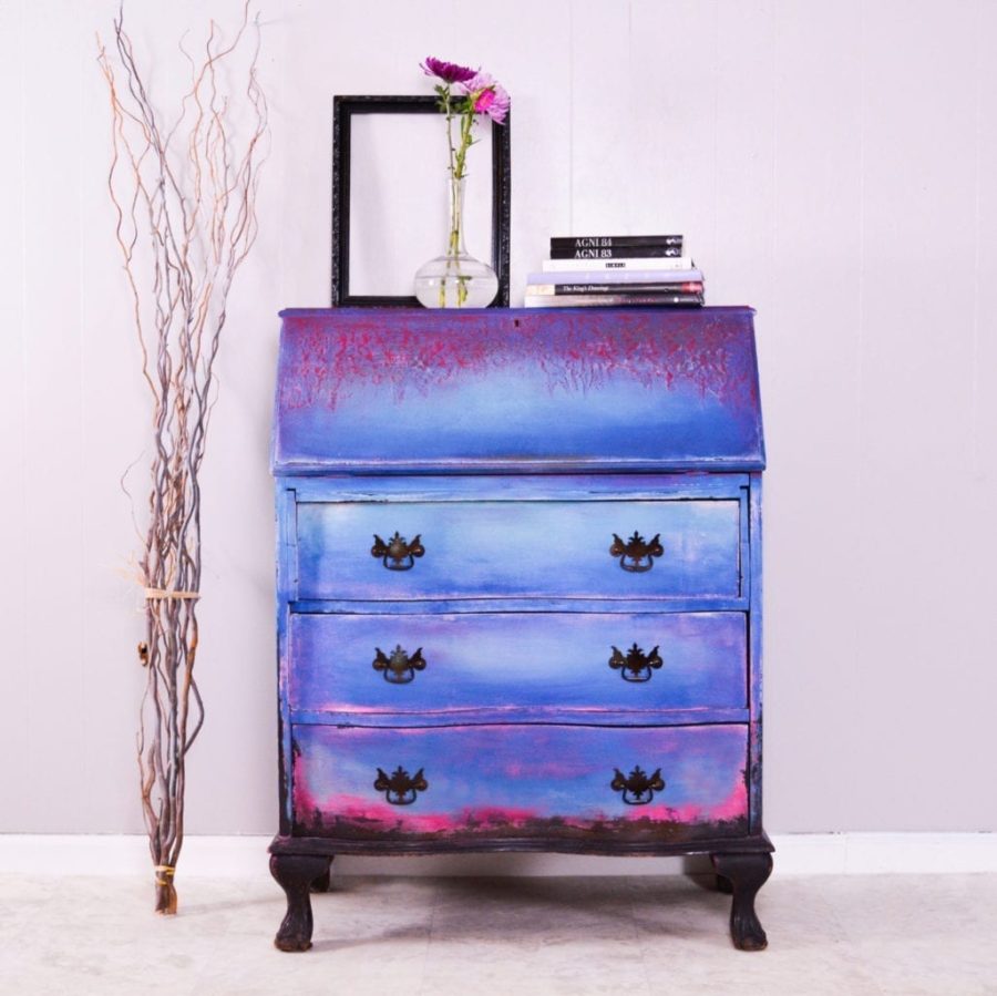 Textured and distressed pink and blue bureau by Annie Sloan Painter in Residence Girl in Blue Designs painted with Chalk Paint® furniture paint