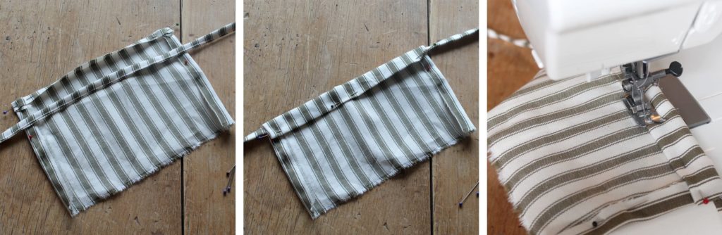 Ticking striped fabric by Annie Sloan in Olive being sewn for an advent calendar pouch