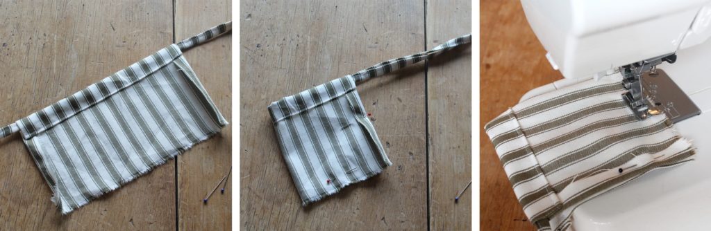 Ticking striped fabric by Annie Sloan in Olive being sewn for an advent calendar pouch