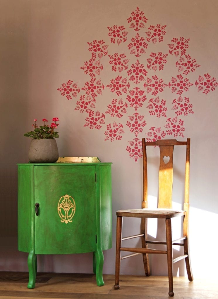 Yoga Summerhouse by Annie Sloan Painter in Residence Janice Issitt with pieces painted with Chalk Paint® in Antibes Green and gilded with Brass Leaf and wall mandala