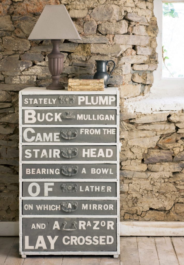 Typographical chest of drawers painted with Chalk Paint® in French Linen by Annie Sloan from Colour Recipes published by Cico books photos by Christopher Drake