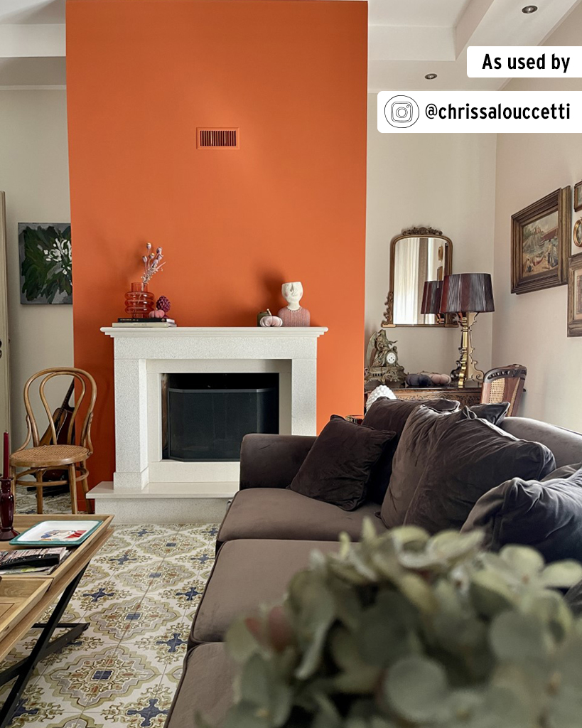 Chimney Breast Painted in Riad Terracotta Wall Paint in Modern Living Room Interior