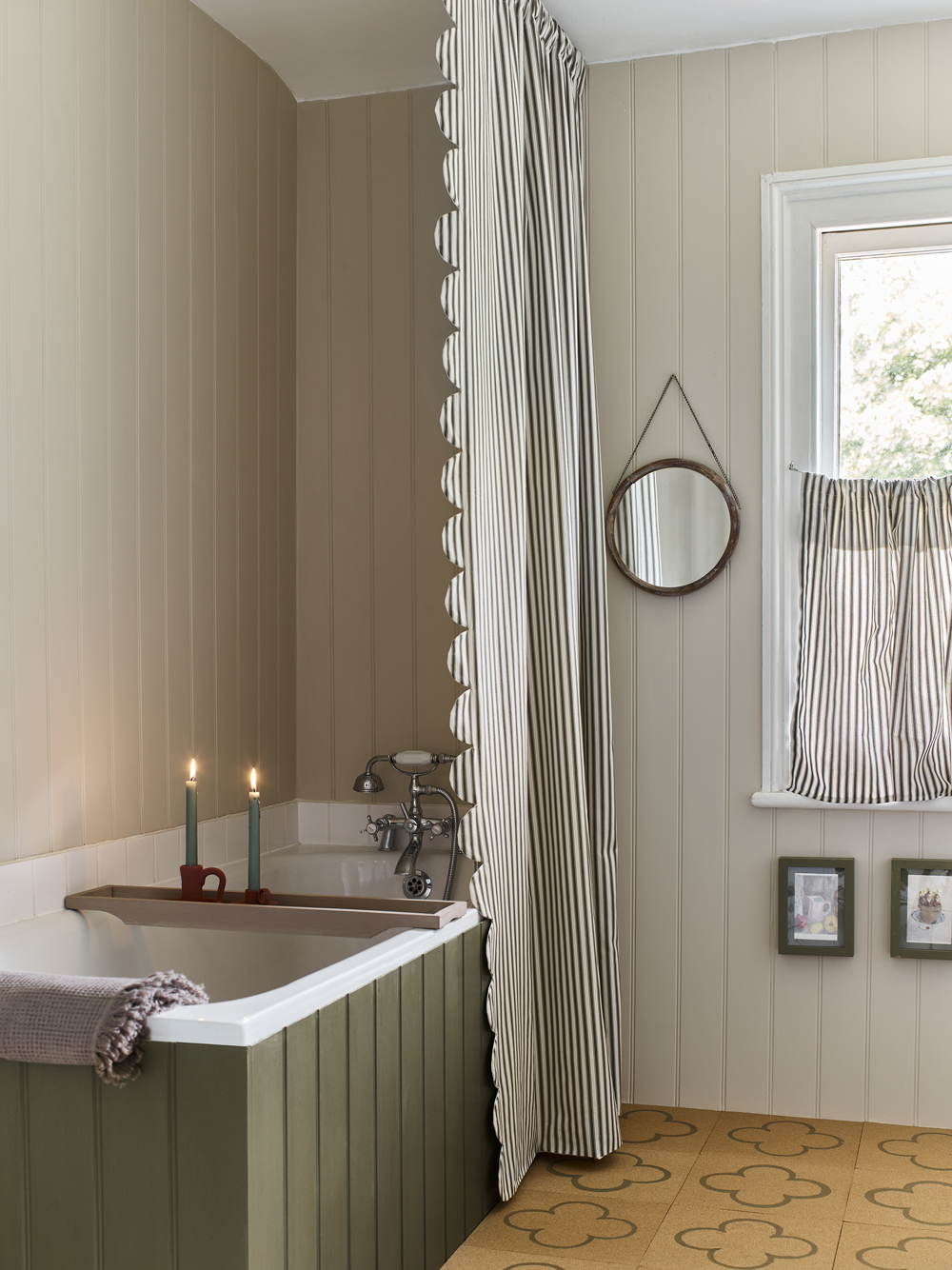 Soft, Romantic Style Bathroom featuring Bathtub painted in Chalk Paint in Olive, Olive in Ticking Shower Scalloped Shower Curtain and Canvas Wall Paint