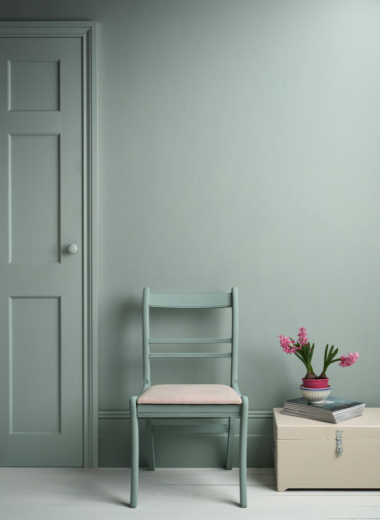 Lifestyle Image of Annie Sloan Satin Paint in Pemberley Blue used on door and skirting