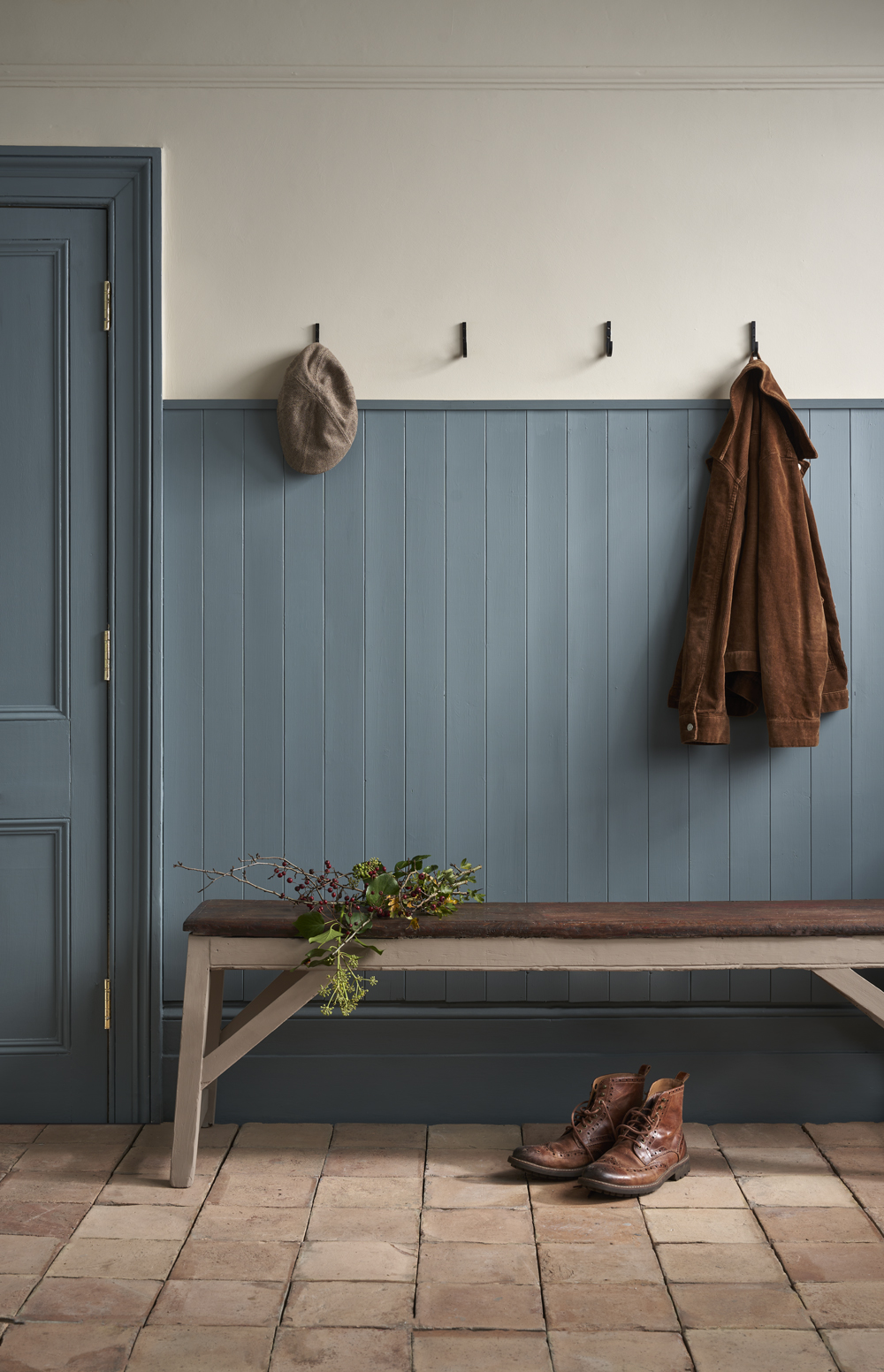 Cambrian Blue Satin Paint Used in Country Style Boot Room on Panelling and Doors