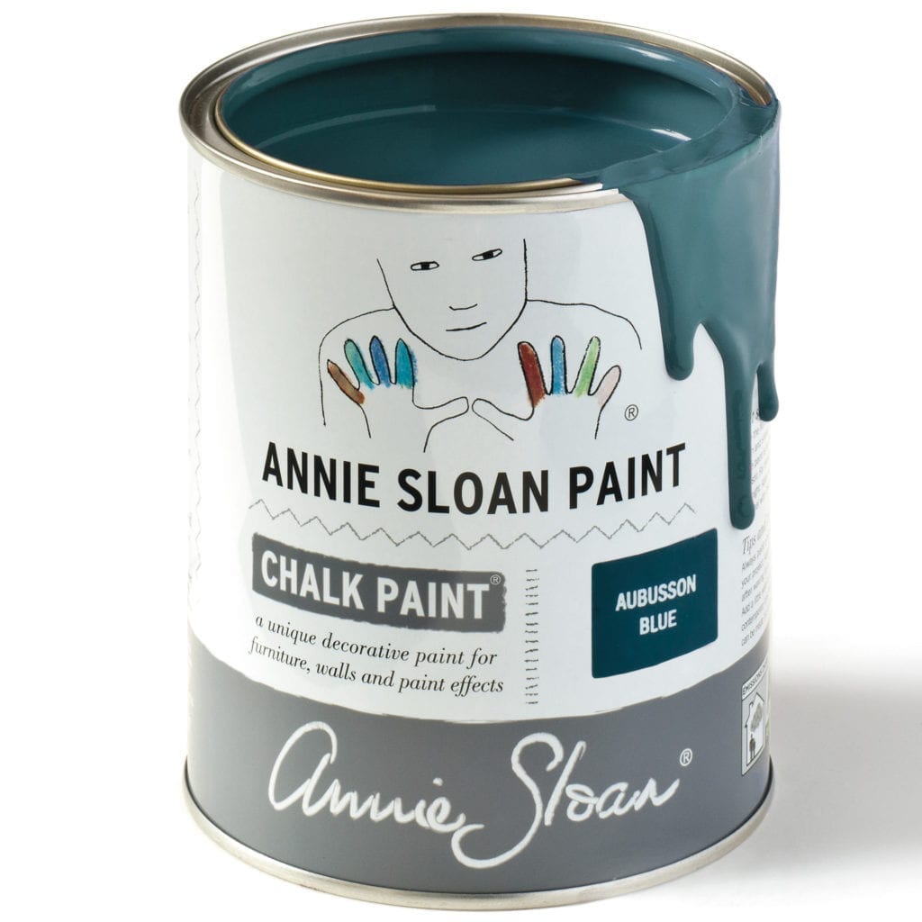 1 litre tin of Aubusson Blue Chalk Paint® furniture paint by Annie Sloan, a rich dark classic green-blue teal