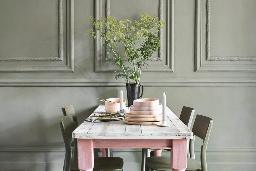 Chateau Grey dining room with Olive chairs and Scandinavian Pink table