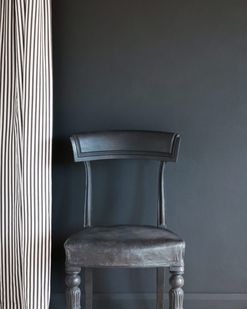 Graphite Wall Paint by Annie Sloan, chair painted with Chalk Paint® in Graphite and Ticking in Graphite curtain