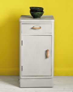 Side table painted with Chalk Paint® in Paris Grey, a soft and slightly bluish grey against English Yellow Wall Paint
