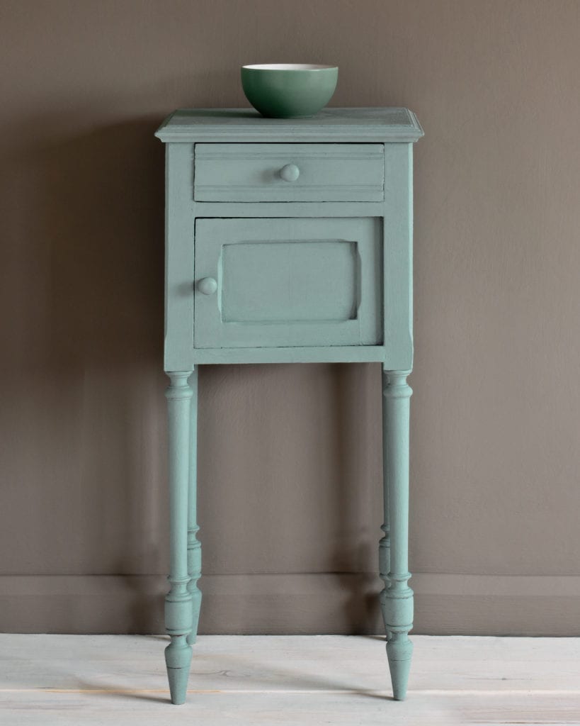 Side table painted with Chalk Paint® in Svenska Blue, a crisp and cool toned blue-grey against a wall of French Linen