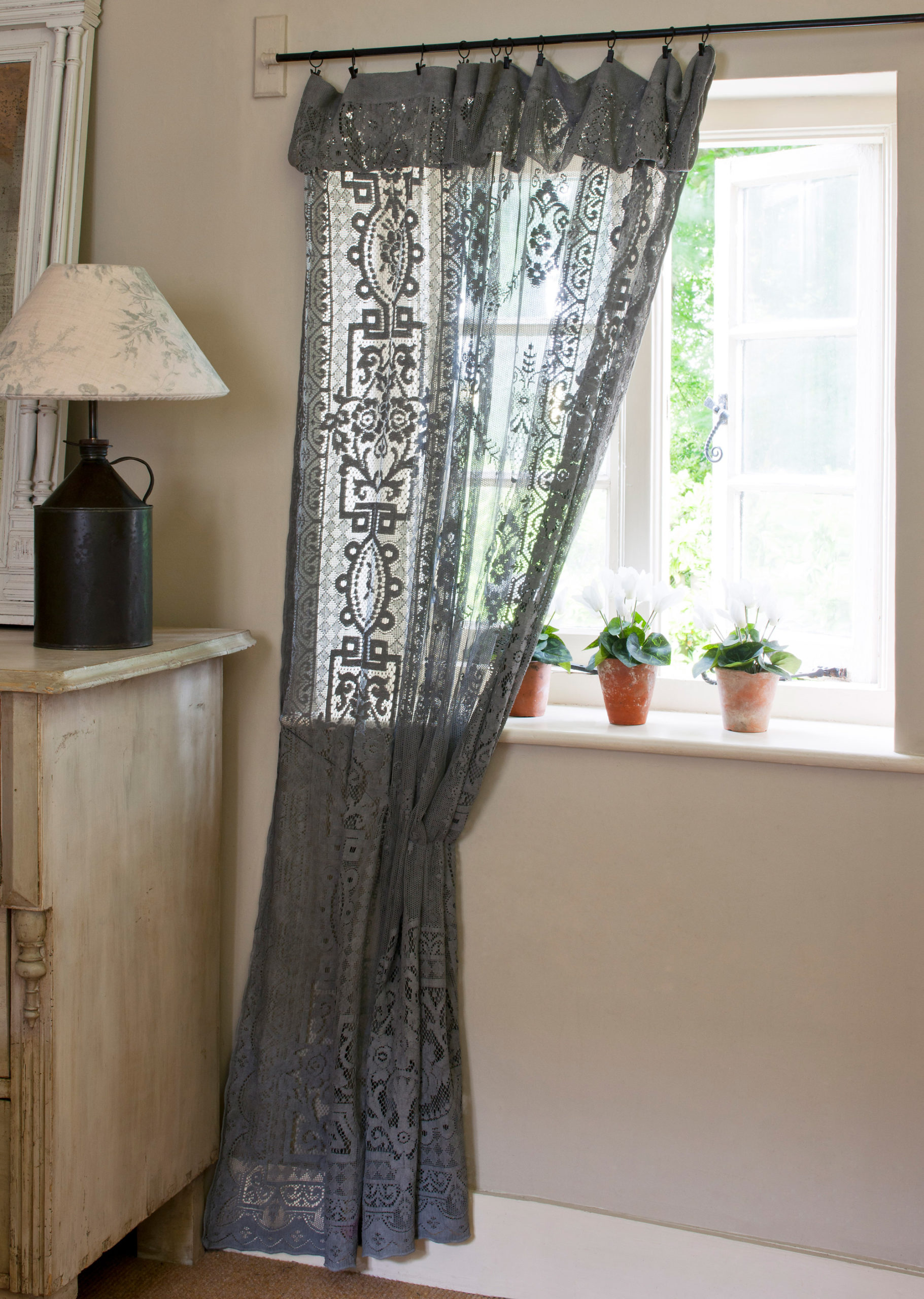 Chalk Paint® furniture paint in Graphite dyed lace dyed curtains by Annie Sloan