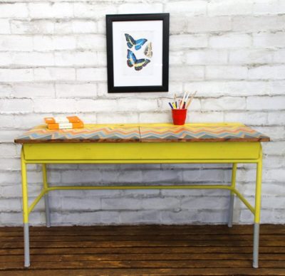 Chevron Work Hard Be Kind Desk by Annie Sloan Painter in Residence Beau Ford painted with Chalk Paint® in English Yellow
