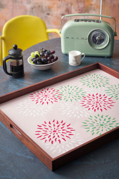 Tray transformed using the Floral Stencil free insert from The Colourist in Capri Pink, Antibes Green and Pure Chalk Paint® on Antoinette Chalk Paint® background