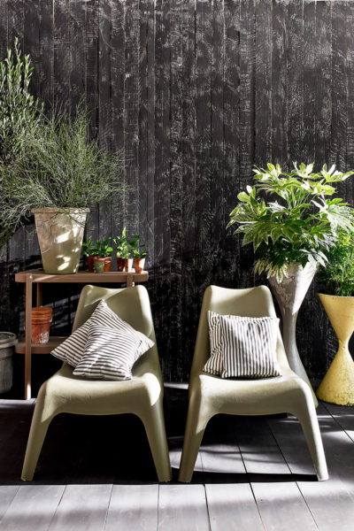 Olive Chalk Paint® Ikea Garden Chairs with Olive Ticking Fabric Cushions and Athenian Black Chalk Paint® Fence