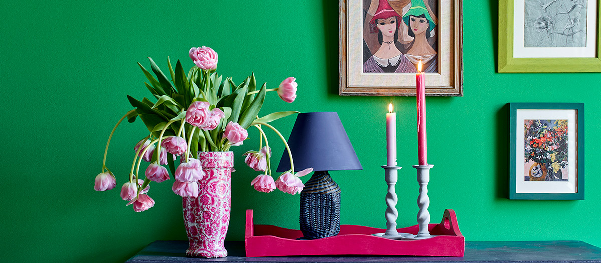 Annie Sloan Schinkel wall paint painted behind vase of flowers