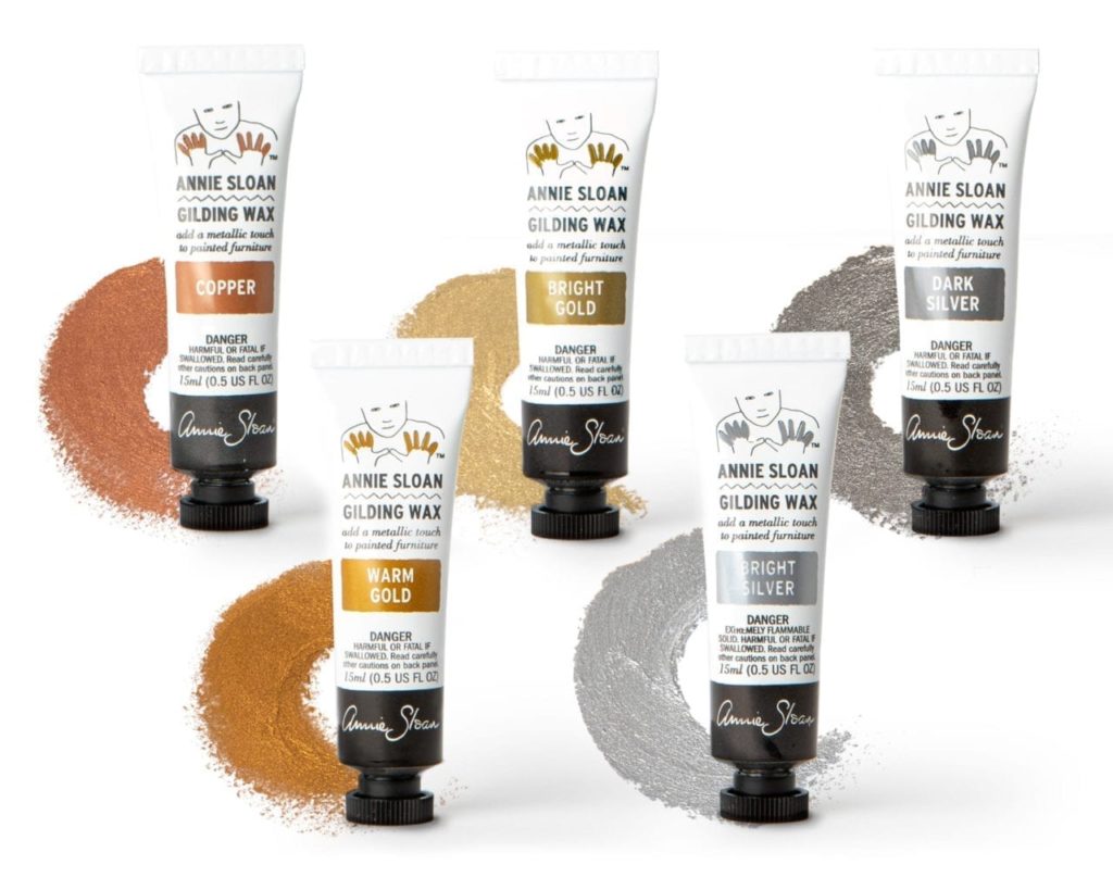 Annie Sloan Gilding Wax 15ml tubes and swatches in Warm and Bright Gold, Dark and Bright Silver and Copper
