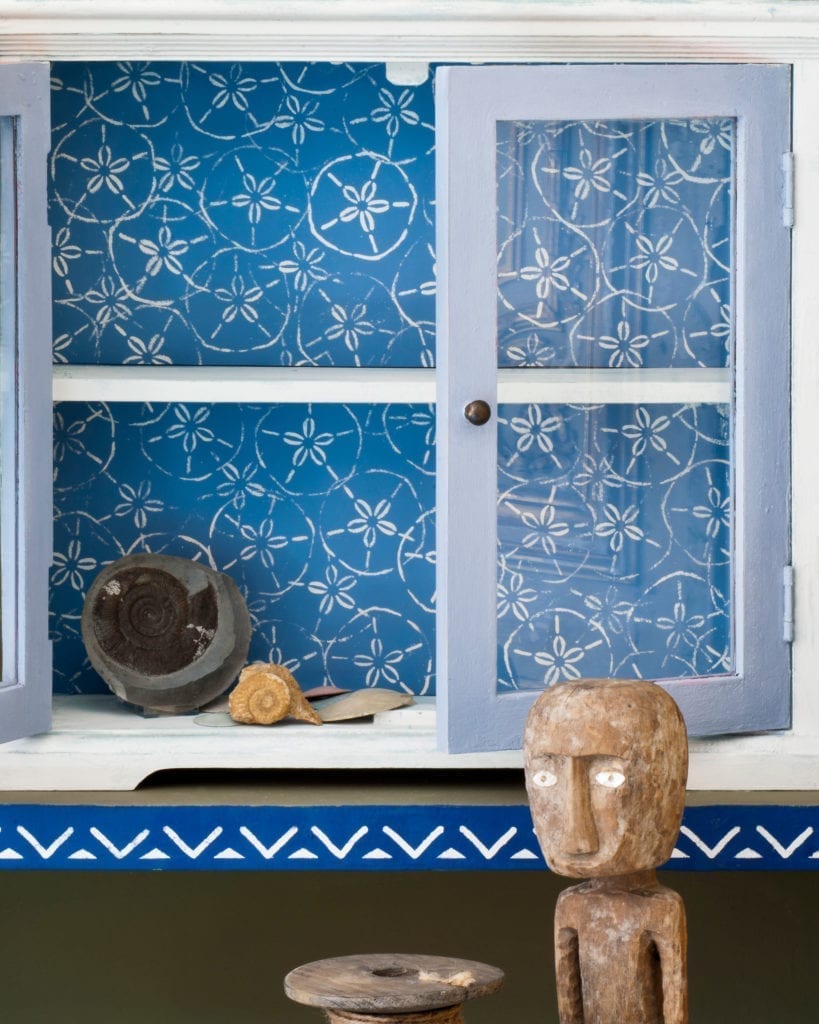 Cabinet painted with Chalk Paint in Greek Blue and stencilled with Sand Dollar Stencil by Annie Sloan