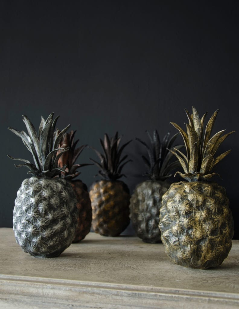 Cardboard pineapples painted with Chalk Paint® in Graphite and Annie Sloan Gilding Waxes