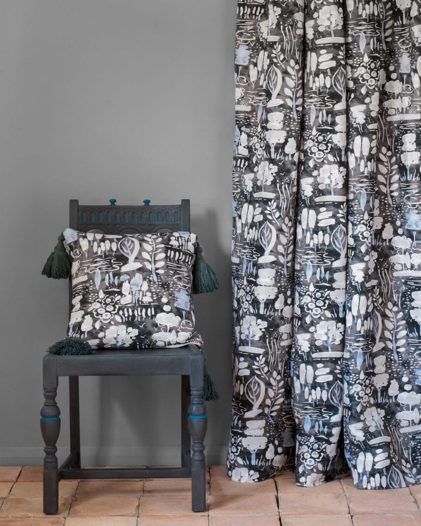 Dulcet in Graphite fabric by Annie Sloan curtain and cushion with chair painted in Chalk Paint in Graphite