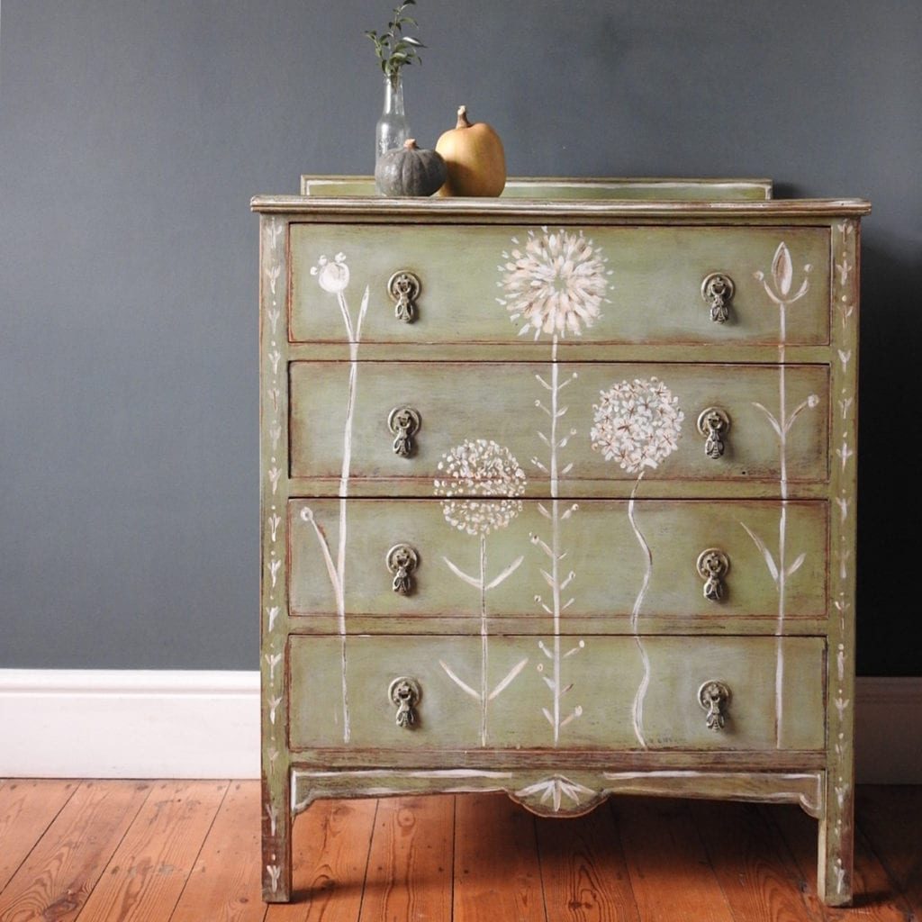 Maisie's House chest of drawers painted with Chalk Paint® by Annie Sloan in Lem Lem and hand-painted alliums, aged with Dark Wax