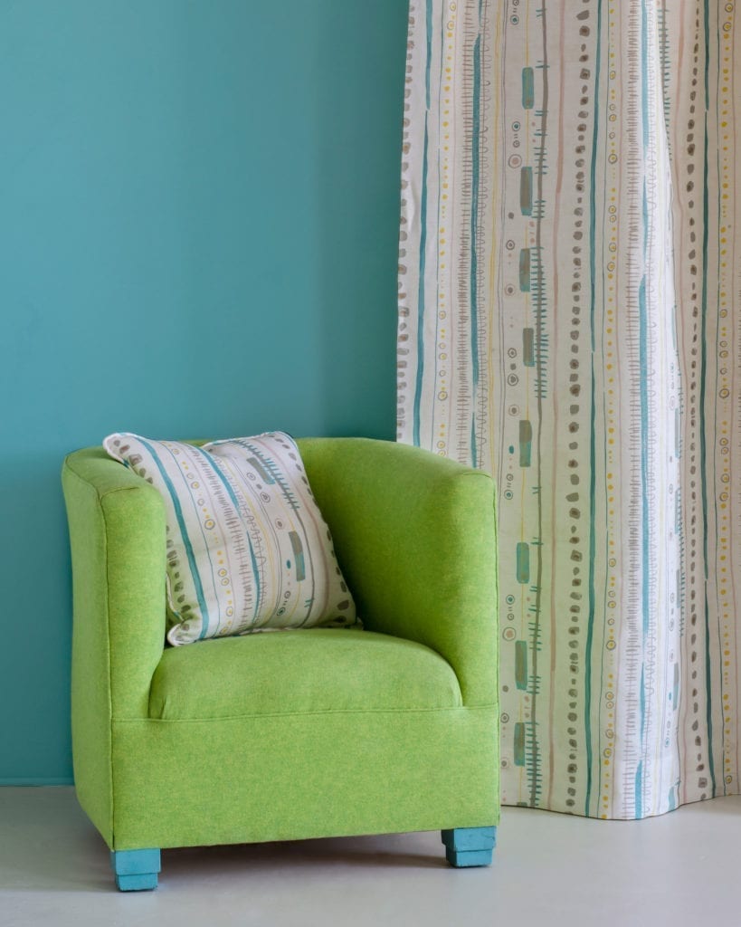 Piano in Provence fabric by Annie Sloan curtain and cushion sofa upholstered in Linen Union in English Yellow + Antibes Green