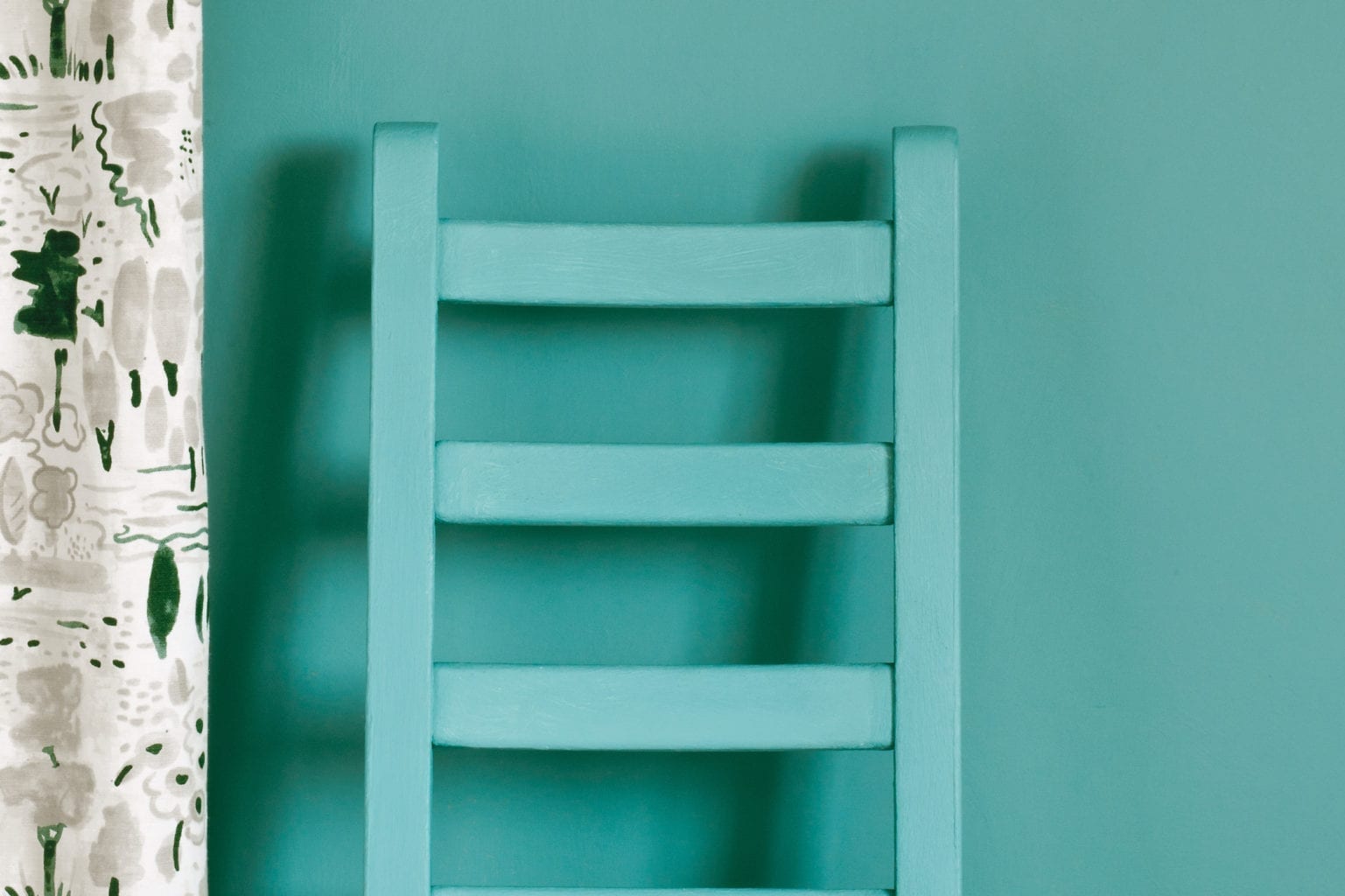 Provence Wall Paint by Annie Sloan, chair painted with Chalk Paint® in Provence and Dulcet in Old White curtain