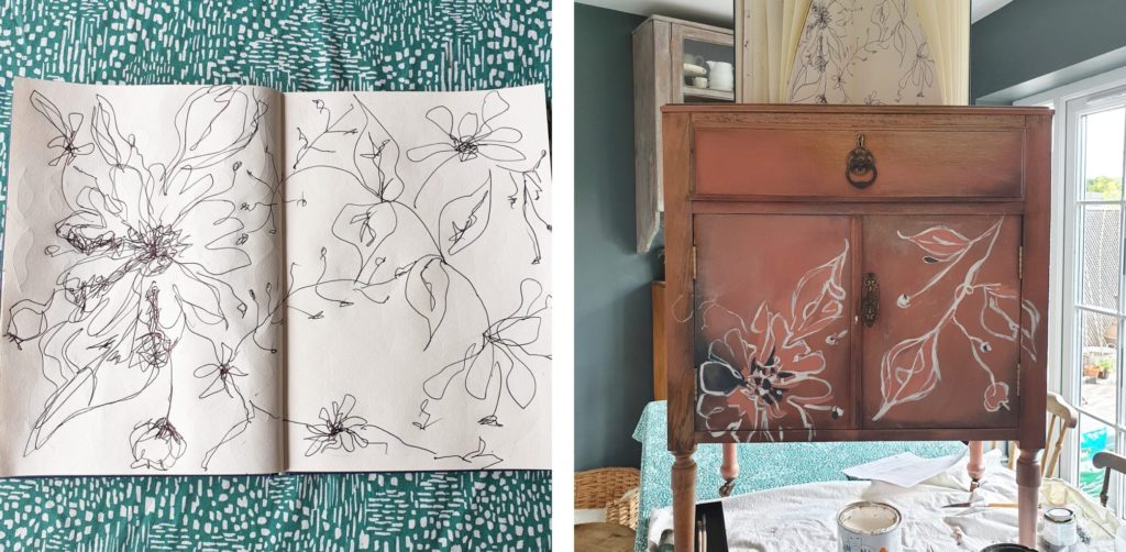 Abstract Floral Cabinet by Annie Sloan Painter in Residece Chloe Kempster painted with Chalk Paint® in Scandinavian Pink sketchbook and progress