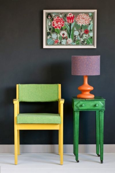 Antibes Green Black Wax Bohemian Warehouse Cabinet painted with Chalk Paint® by Annie Sloan. Chair in Linen Union in English Yellow + Antibes Green. Wall Paint in Graphite.